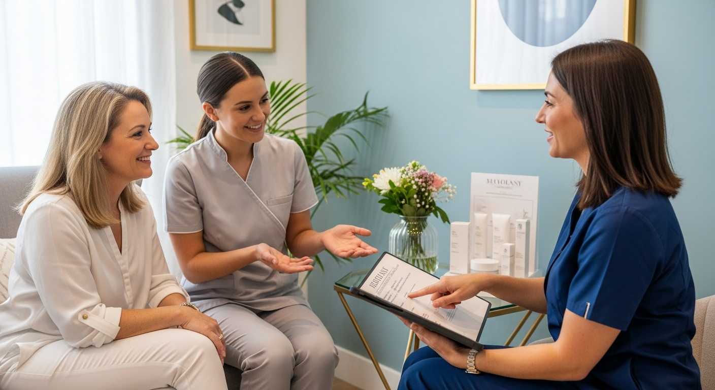 Une femme discutant avec une esthéticienne souriante, dans un cadre chaleureux et professionnel
